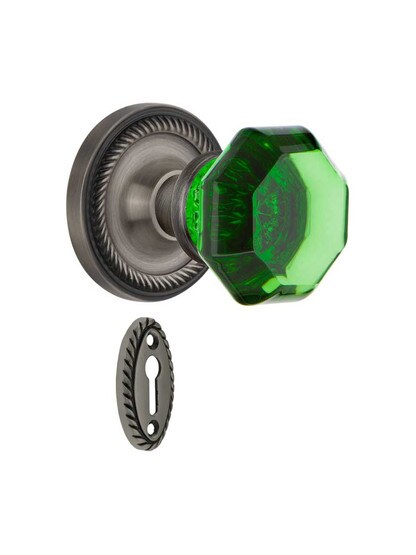 Rope Rosette Mortise Lock Set with Colored Waldorf Crystal Glass Knobs Emerald in Antique Pewter.